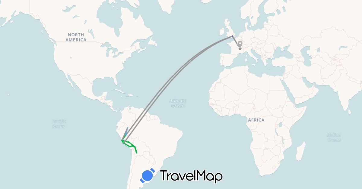 TravelMap itinerary: driving, bus, plane, hiking, boat in Bolivia, France, United Kingdom, Peru (Europe, South America)